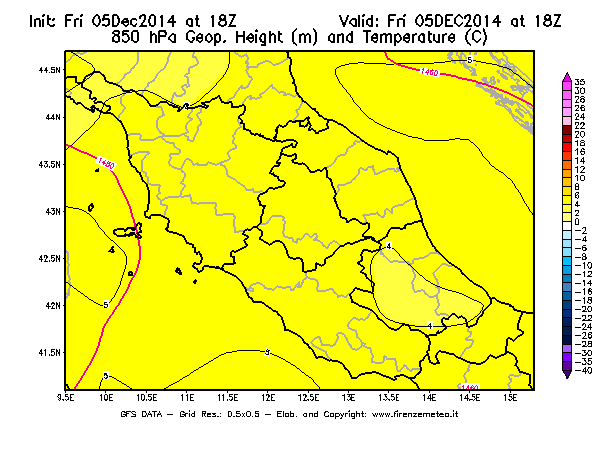 Mappa di analisi GFS - Geopotenziale [m] e Temperatura [°C] a 850 hPa in Centro-Italia
							del 05/12/2014 18 <!--googleoff: index-->UTC<!--googleon: index-->