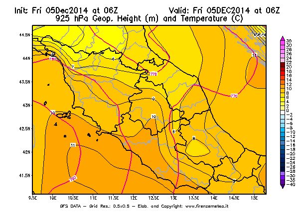 Mappa di analisi GFS - Geopotenziale [m] e Temperatura [°C] a 925 hPa in Centro-Italia
							del 05/12/2014 06 <!--googleoff: index-->UTC<!--googleon: index-->