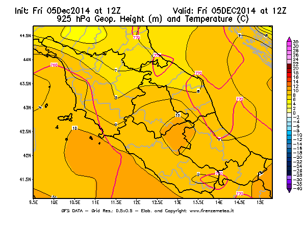 Mappa di analisi GFS - Geopotenziale [m] e Temperatura [°C] a 925 hPa in Centro-Italia
							del 05/12/2014 12 <!--googleoff: index-->UTC<!--googleon: index-->