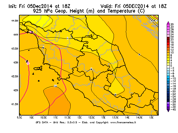 Mappa di analisi GFS - Geopotenziale [m] e Temperatura [°C] a 925 hPa in Centro-Italia
							del 05/12/2014 18 <!--googleoff: index-->UTC<!--googleon: index-->