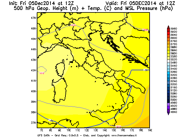 Mappa di analisi GFS - Geopotenziale [m] + Temp. [°C] a 500 hPa + Press. a livello del mare [hPa] in Italia
							del 05/12/2014 12 <!--googleoff: index-->UTC<!--googleon: index-->