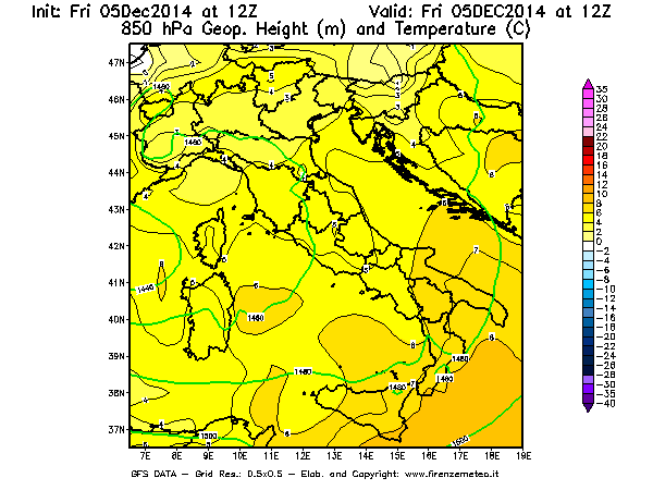 Mappa di analisi GFS - Geopotenziale [m] e Temperatura [°C] a 850 hPa in Italia
							del 05/12/2014 12 <!--googleoff: index-->UTC<!--googleon: index-->