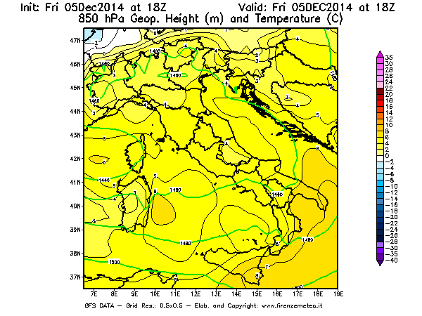Mappa di analisi GFS - Geopotenziale [m] e Temperatura [°C] a 850 hPa in Italia
							del 05/12/2014 18 <!--googleoff: index-->UTC<!--googleon: index-->