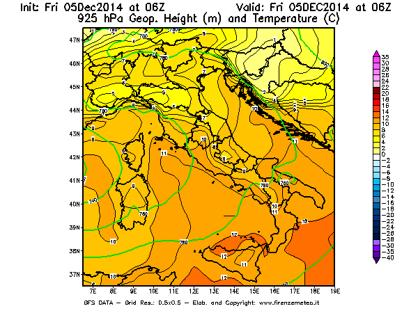 Mappa di analisi GFS - Geopotenziale [m] e Temperatura [°C] a 925 hPa in Italia
							del 05/12/2014 06 <!--googleoff: index-->UTC<!--googleon: index-->