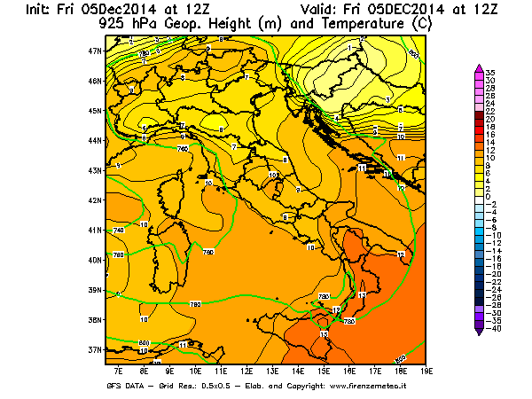 Mappa di analisi GFS - Geopotenziale [m] e Temperatura [°C] a 925 hPa in Italia
							del 05/12/2014 12 <!--googleoff: index-->UTC<!--googleon: index-->