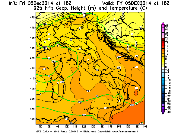 Mappa di analisi GFS - Geopotenziale [m] e Temperatura [°C] a 925 hPa in Italia
							del 05/12/2014 18 <!--googleoff: index-->UTC<!--googleon: index-->