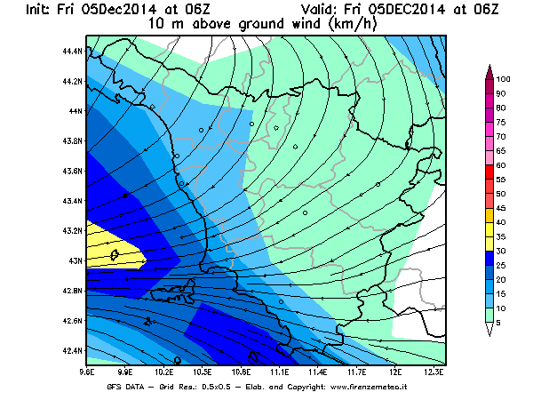 Mappa di analisi GFS - Velocità del vento a 10 metri dal suolo [km/h] in Toscana
							del 05/12/2014 06 <!--googleoff: index-->UTC<!--googleon: index-->