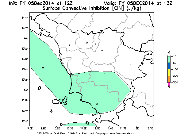 Mappa di analisi GFS - CIN [J/kg] in Toscana
							del 05/12/2014 12 <!--googleoff: index-->UTC<!--googleon: index-->