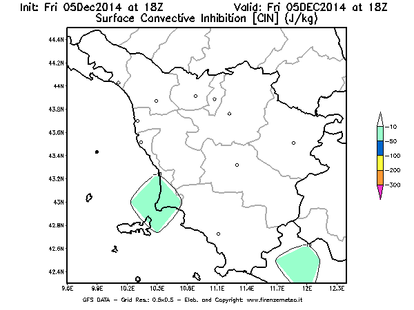 Mappa di analisi GFS - CIN [J/kg] in Toscana
							del 05/12/2014 18 <!--googleoff: index-->UTC<!--googleon: index-->