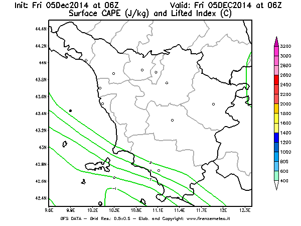 Mappa di analisi GFS - CAPE [J/kg] e Lifted Index [°C] in Toscana
							del 05/12/2014 06 <!--googleoff: index-->UTC<!--googleon: index-->