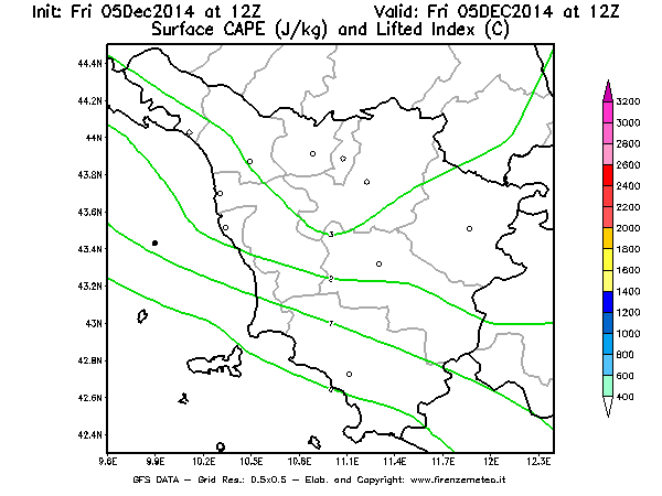 Mappa di analisi GFS - CAPE [J/kg] e Lifted Index [°C] in Toscana
							del 05/12/2014 12 <!--googleoff: index-->UTC<!--googleon: index-->