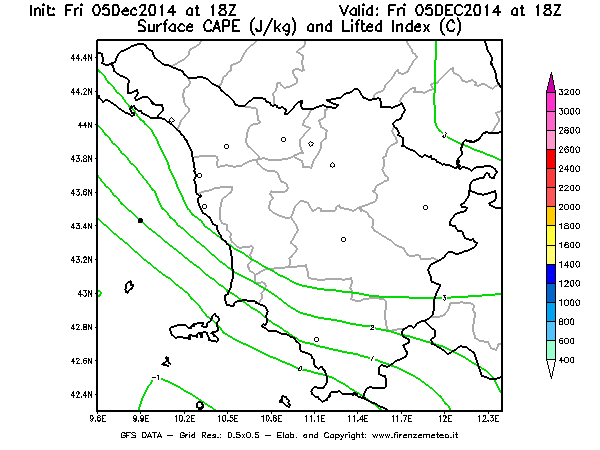 Mappa di analisi GFS - CAPE [J/kg] e Lifted Index [°C] in Toscana
							del 05/12/2014 18 <!--googleoff: index-->UTC<!--googleon: index-->