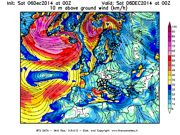 Mappa di analisi GFS - Velocità del vento a 10 metri dal suolo [km/h] in Europa
									del 06/12/2014 00 <!--googleoff: index-->UTC<!--googleon: index-->