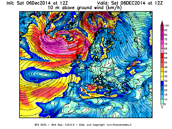 Mappa di analisi GFS - Velocità del vento a 10 metri dal suolo [km/h] in Europa
							del 06/12/2014 12 <!--googleoff: index-->UTC<!--googleon: index-->