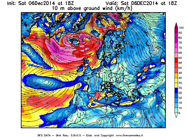 Mappa di analisi GFS - Velocità del vento a 10 metri dal suolo [km/h] in Europa
							del 06/12/2014 18 <!--googleoff: index-->UTC<!--googleon: index-->