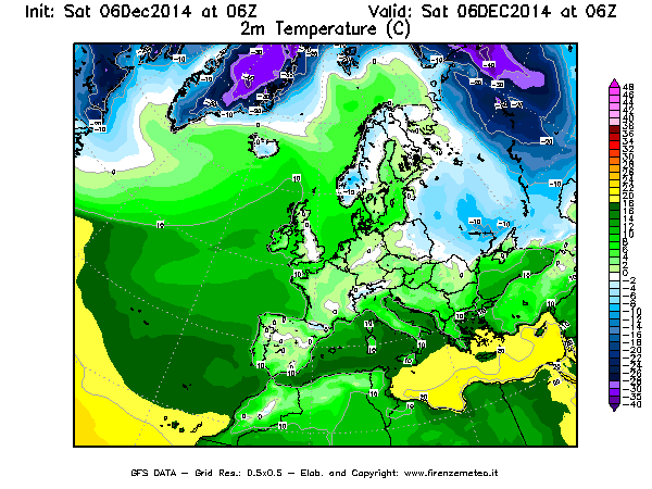 Mappa di analisi GFS - Temperatura a 2 metri dal suolo [°C] in Europa
									del 06/12/2014 06 <!--googleoff: index-->UTC<!--googleon: index-->