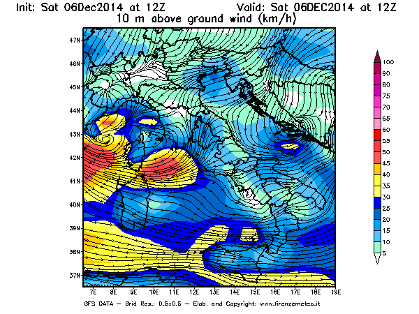 Mappa di analisi GFS - Velocità del vento a 10 metri dal suolo [km/h] in Italia
									del 06/12/2014 12 <!--googleoff: index-->UTC<!--googleon: index-->