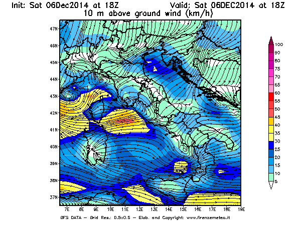 Mappa di analisi GFS - Velocità del vento a 10 metri dal suolo [km/h] in Italia
									del 06/12/2014 18 <!--googleoff: index-->UTC<!--googleon: index-->
