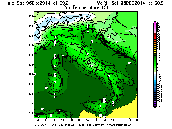 Mappa di analisi GFS - Temperatura a 2 metri dal suolo [°C] in Italia
							del 06/12/2014 00 <!--googleoff: index-->UTC<!--googleon: index-->