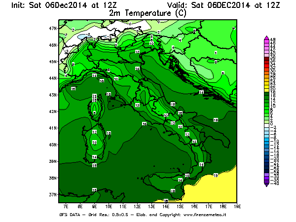 Mappa di analisi GFS - Temperatura a 2 metri dal suolo [°C] in Italia
							del 06/12/2014 12 <!--googleoff: index-->UTC<!--googleon: index-->