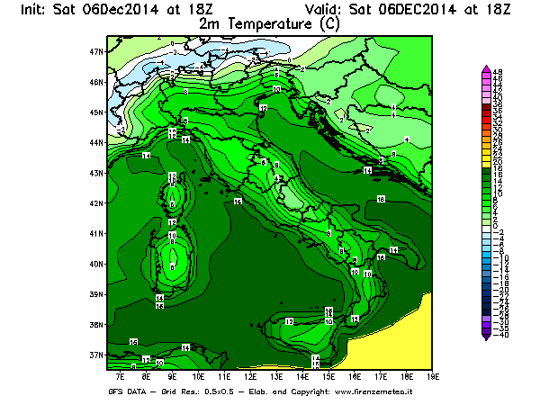 Mappa di analisi GFS - Temperatura a 2 metri dal suolo [°C] in Italia
							del 06/12/2014 18 <!--googleoff: index-->UTC<!--googleon: index-->