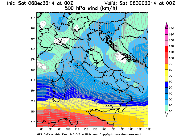 Mappa di analisi GFS - Velocità del vento a 500 hPa [km/h] in Italia
							del 06/12/2014 00 <!--googleoff: index-->UTC<!--googleon: index-->