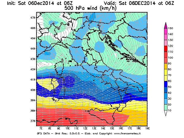 Mappa di analisi GFS - Velocità del vento a 500 hPa [km/h] in Italia
									del 06/12/2014 06 <!--googleoff: index-->UTC<!--googleon: index-->