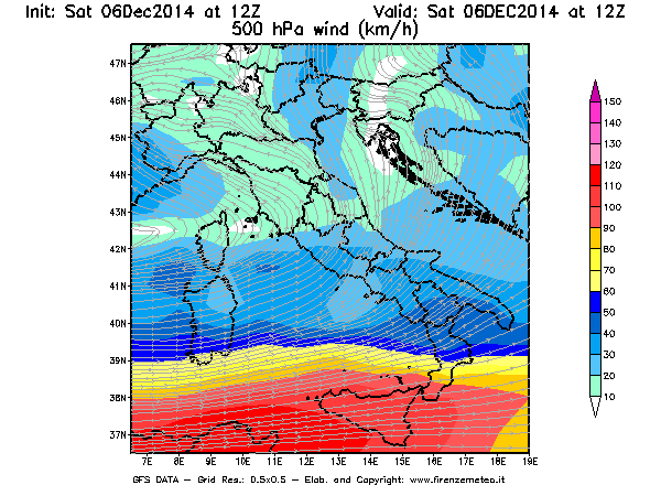 Mappa di analisi GFS - Velocità del vento a 500 hPa [km/h] in Italia
									del 06/12/2014 12 <!--googleoff: index-->UTC<!--googleon: index-->
