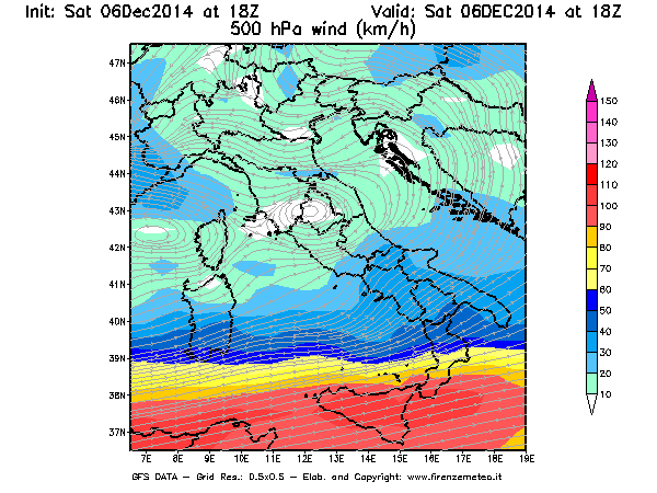 Mappa di analisi GFS - Velocità del vento a 500 hPa [km/h] in Italia
									del 06/12/2014 18 <!--googleoff: index-->UTC<!--googleon: index-->
