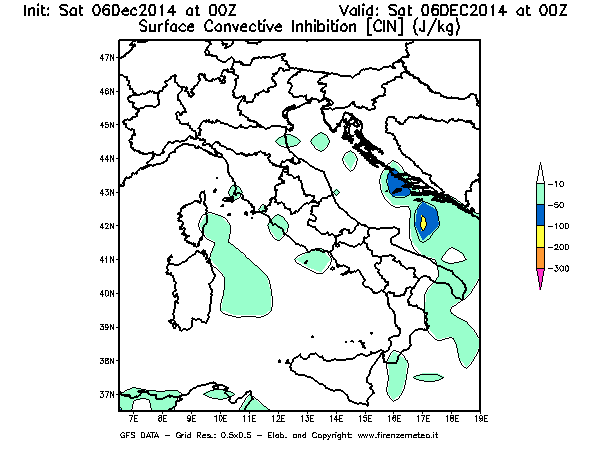 Mappa di analisi GFS - CIN [J/kg] in Italia
							del 06/12/2014 00 <!--googleoff: index-->UTC<!--googleon: index-->