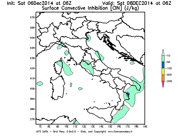 Mappa di analisi GFS - CIN [J/kg] in Italia
									del 06/12/2014 06 <!--googleoff: index-->UTC<!--googleon: index-->