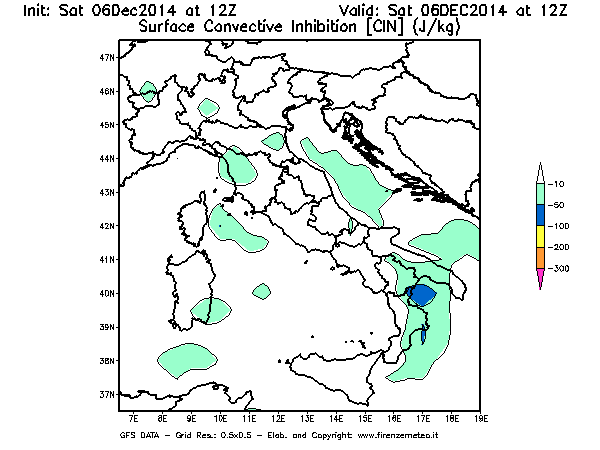 Mappa di analisi GFS - CIN [J/kg] in Italia
									del 06/12/2014 12 <!--googleoff: index-->UTC<!--googleon: index-->