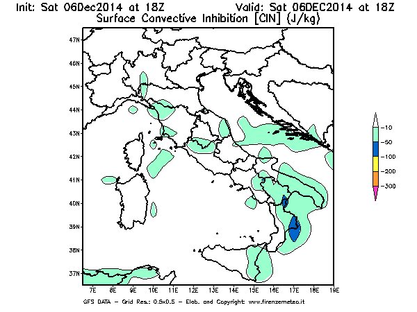 Mappa di analisi GFS - CIN [J/kg] in Italia
									del 06/12/2014 18 <!--googleoff: index-->UTC<!--googleon: index-->