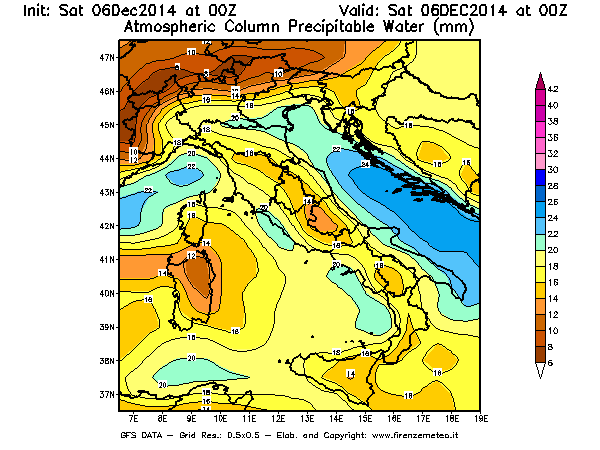 Mappa di analisi GFS - Precipitable Water [mm] in Italia
							del 06/12/2014 00 <!--googleoff: index-->UTC<!--googleon: index-->
