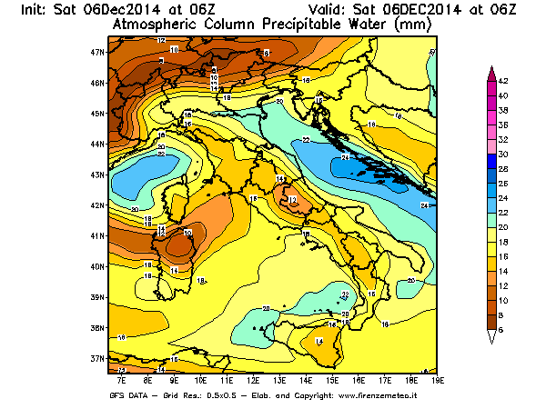 Mappa di analisi GFS - Precipitable Water [mm] in Italia
									del 06/12/2014 06 <!--googleoff: index-->UTC<!--googleon: index-->