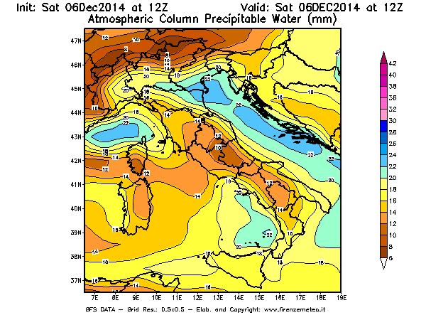 Mappa di analisi GFS - Precipitable Water [mm] in Italia
									del 06/12/2014 12 <!--googleoff: index-->UTC<!--googleon: index-->
