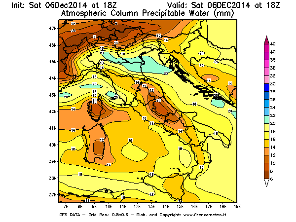 Mappa di analisi GFS - Precipitable Water [mm] in Italia
									del 06/12/2014 18 <!--googleoff: index-->UTC<!--googleon: index-->