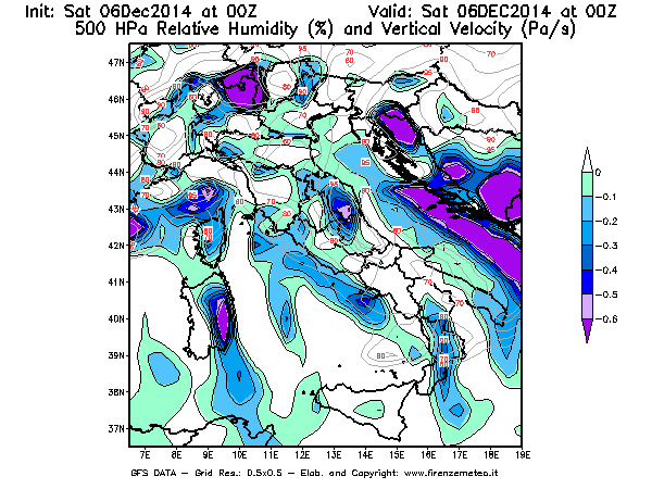 Mappa di analisi GFS - Umidità relativa [%] e Omega [Pa/s] a 500 hPa in Italia
									del 06/12/2014 00 <!--googleoff: index-->UTC<!--googleon: index-->