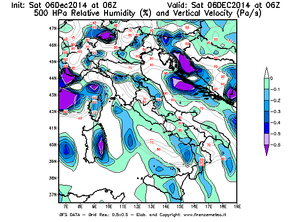 Mappa di analisi GFS - Umidità relativa [%] e Omega [Pa/s] a 500 hPa in Italia
									del 06/12/2014 06 <!--googleoff: index-->UTC<!--googleon: index-->