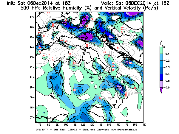 Mappa di analisi GFS - Umidità relativa [%] e Omega [Pa/s] a 500 hPa in Italia
							del 06/12/2014 18 <!--googleoff: index-->UTC<!--googleon: index-->