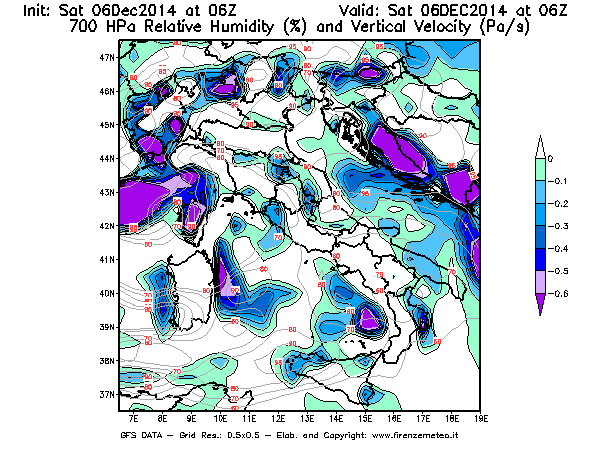 Mappa di analisi GFS - Umidità relativa [%] e Omega [Pa/s] a 700 hPa in Italia
									del 06/12/2014 06 <!--googleoff: index-->UTC<!--googleon: index-->