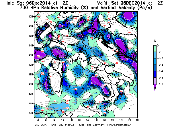 Mappa di analisi GFS - Umidità relativa [%] e Omega [Pa/s] a 700 hPa in Italia
							del 06/12/2014 12 <!--googleoff: index-->UTC<!--googleon: index-->