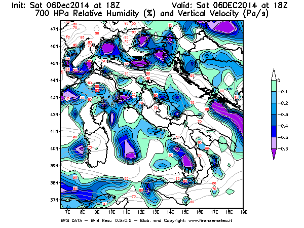 Mappa di analisi GFS - Umidità relativa [%] e Omega [Pa/s] a 700 hPa in Italia
							del 06/12/2014 18 <!--googleoff: index-->UTC<!--googleon: index-->