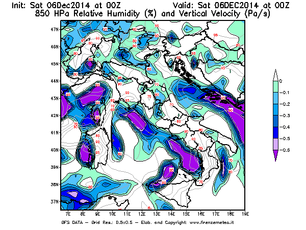 Mappa di analisi GFS - Umidità relativa [%] e Omega [Pa/s] a 850 hPa in Italia
							del 06/12/2014 00 <!--googleoff: index-->UTC<!--googleon: index-->