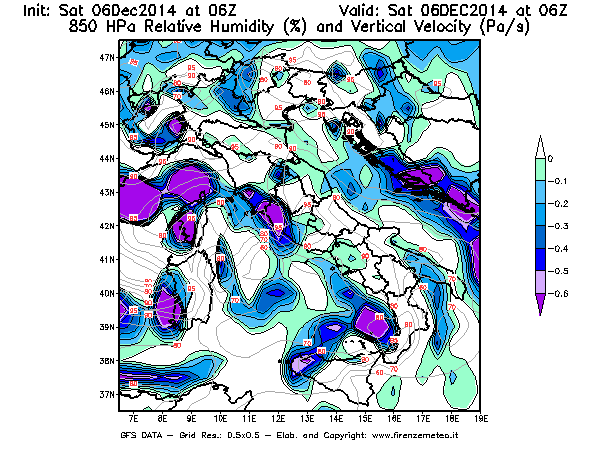 Mappa di analisi GFS - Umidità relativa [%] e Omega [Pa/s] a 850 hPa in Italia
									del 06/12/2014 06 <!--googleoff: index-->UTC<!--googleon: index-->