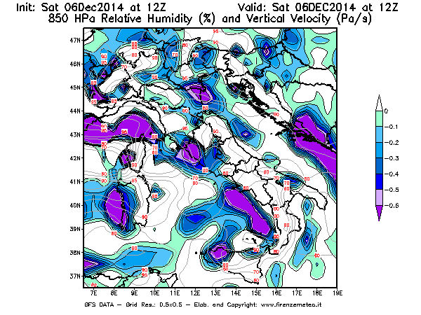 Mappa di analisi GFS - Umidità relativa [%] e Omega [Pa/s] a 850 hPa in Italia
							del 06/12/2014 12 <!--googleoff: index-->UTC<!--googleon: index-->
