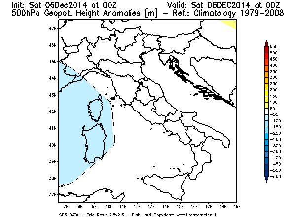 Mappa di analisi GFS - Anomalia di Geopotenziale a 500 hPa in Italia
							del 06/12/2014 00 <!--googleoff: index-->UTC<!--googleon: index-->