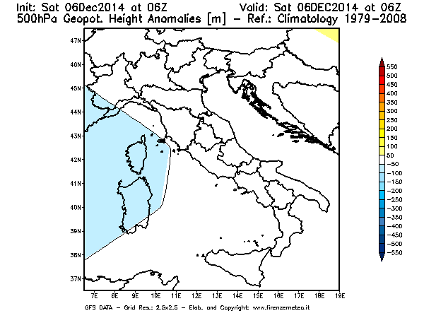 Mappa di analisi GFS - Anomalia di Geopotenziale a 500 hPa in Italia
							del 06/12/2014 06 <!--googleoff: index-->UTC<!--googleon: index-->