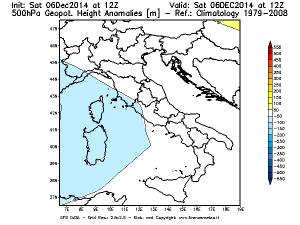 Mappa di analisi GFS - Anomalia di Geopotenziale a 500 hPa in Italia
							del 06/12/2014 12 <!--googleoff: index-->UTC<!--googleon: index-->