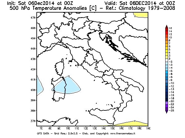 Mappa di analisi GFS - Anomalia Temperatura [°C] a 500 hPa in Italia
							del 06/12/2014 00 <!--googleoff: index-->UTC<!--googleon: index-->